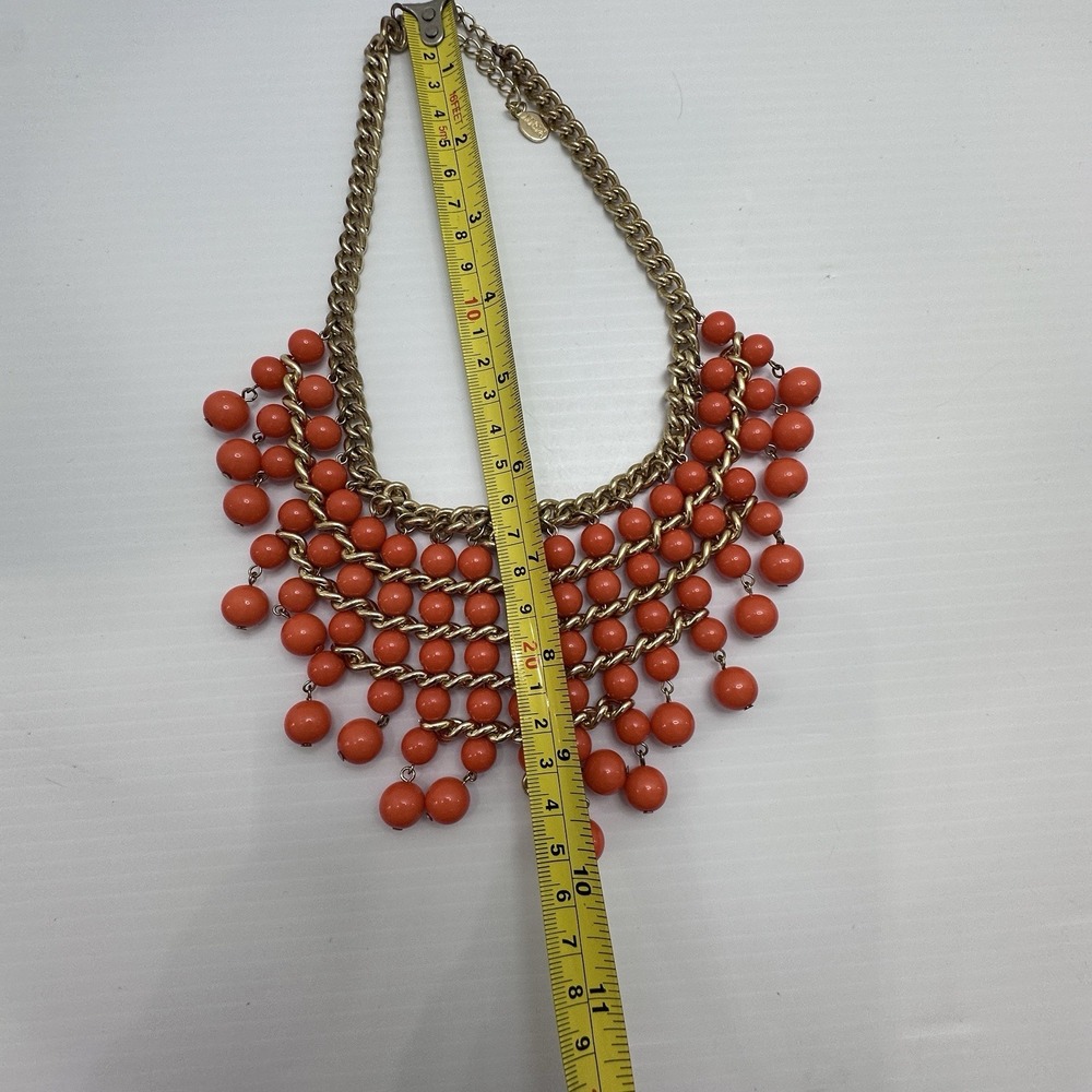LUCIA Signed Orange Beaded Statement Necklace Gold Tone Bib Fringe Chunky Bold - Picture 9 of 10